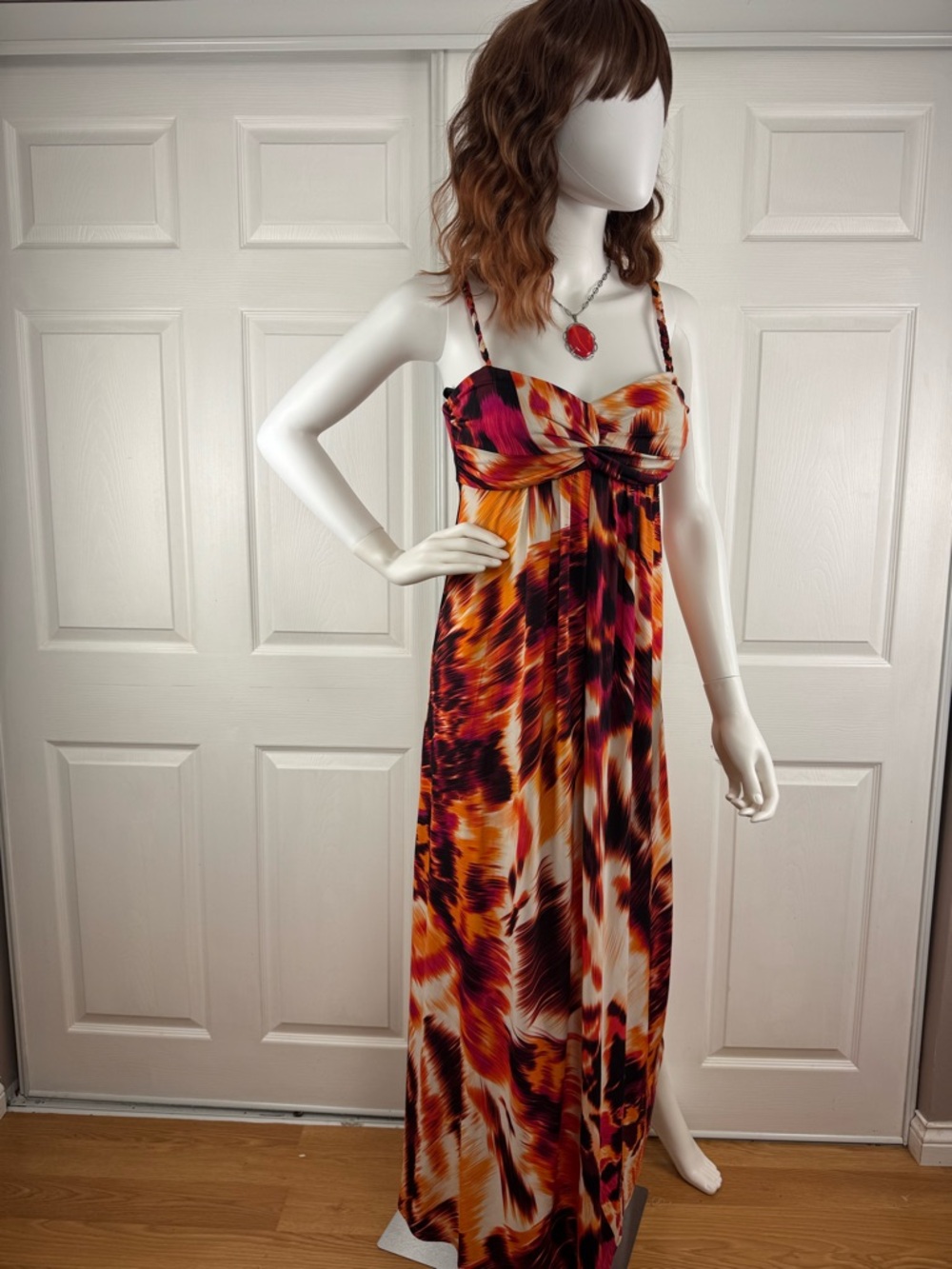 Tie-Front Maxi Dress in Orange and Pink Abstract Print
